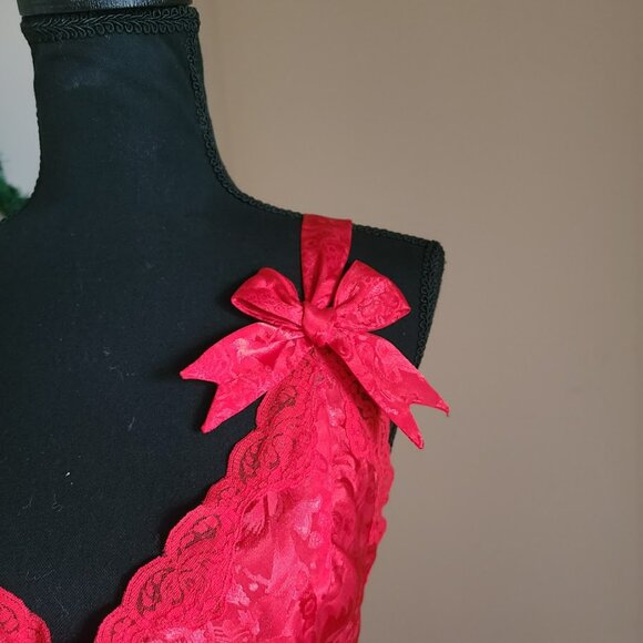 VTG Victoria’s Secret Gold Label Red Satin Jacquard Teddy M Lace Bows Holiday - Picture 2 of 12